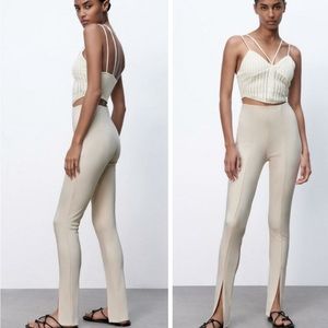 ZARA NWOT Tan High Rise Slit Ribbed Pants Slim Pull On Size Small
